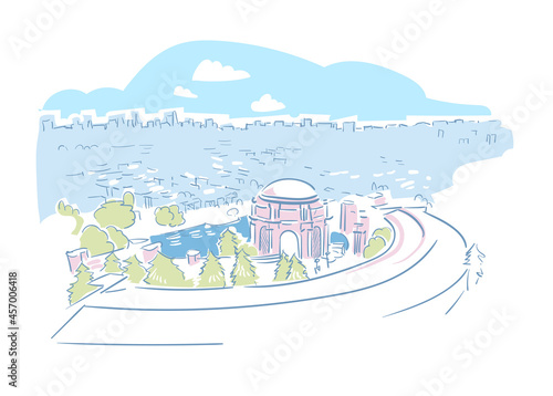 Palace of Fine Arts San Francisco usa vector sketch city illustration line art colorful watercolor style