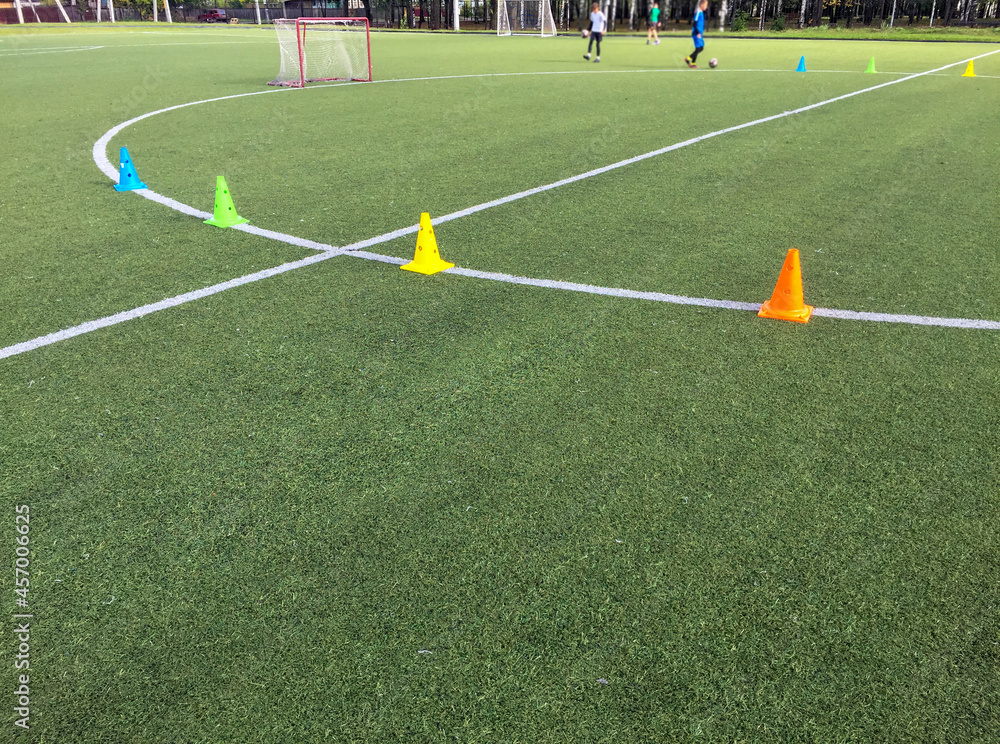 Obraz premium training of athletes on a football field with artificial turf