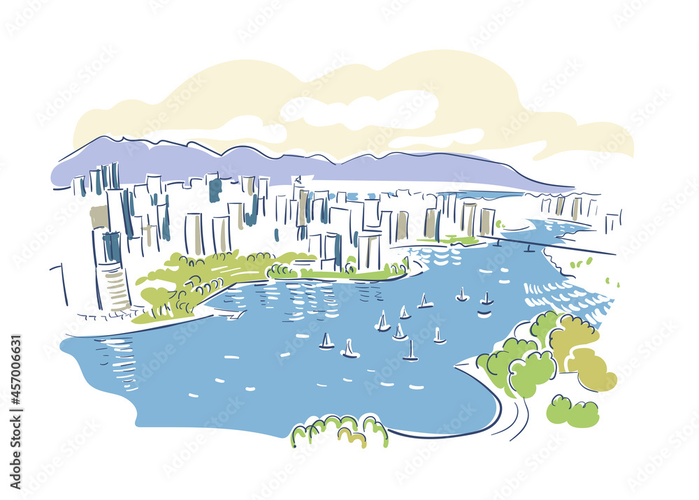 Fototapeta premium Vancouver British Columbia Canada vector sketch city illustration line art colorful watercolor style
