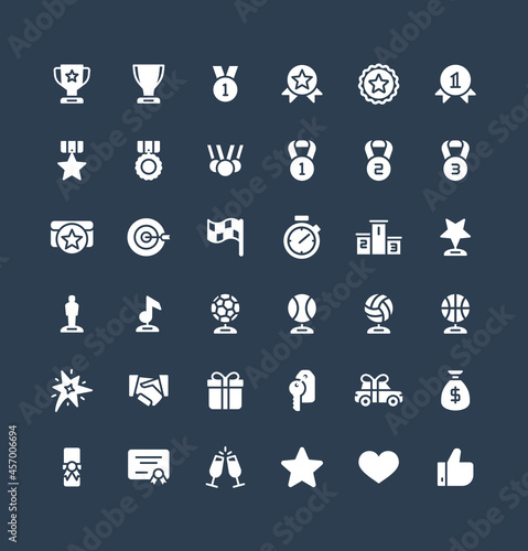 Vector flat icons set, graphic design elements. Illustration with award, achievement symbols. Medal, sport trophy, first place prize, victory gift, cinema, music statuette glyph pictogram