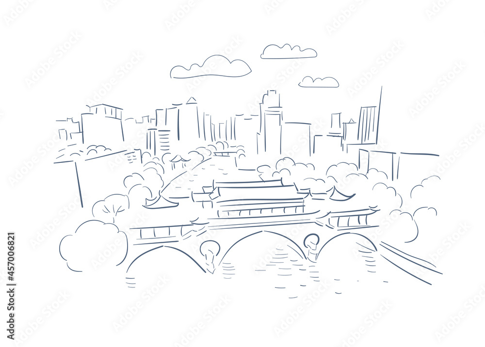 Chengdu Sichuan China vector sketch city illustration line art sketch