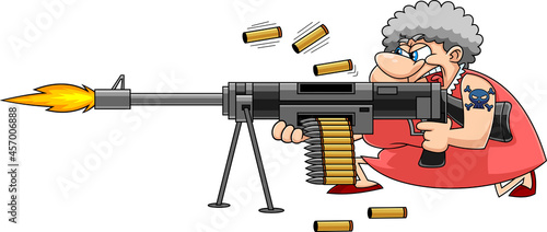 Angry Grandma Cartoon Character Shoots With A Big Machine Gun. Vector Hand Drawn Illustration Isolated On Transparent Background