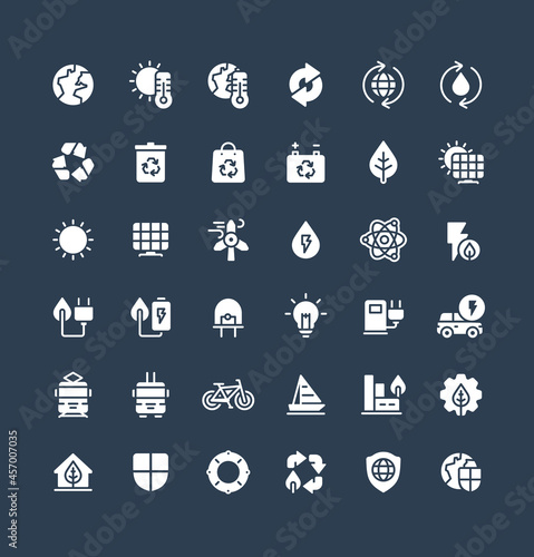 Vector flat icons set and graphic design elements. Illustration with environmental and ecology solid symbols. Eco, bio energy, wind power, recycle, electric car charge station glyph pictogram