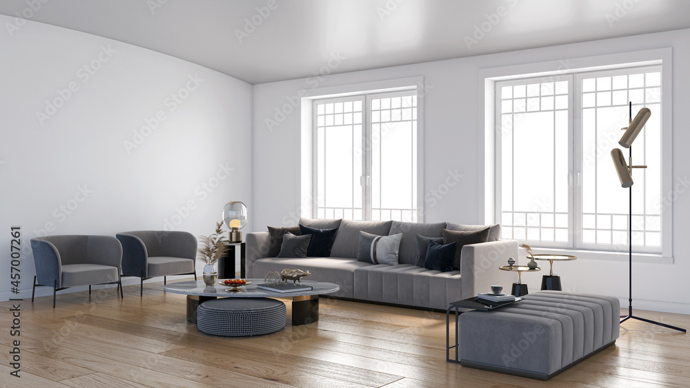 Fototapeta premium Illustration 3D rendering large luxury modern bright interiors Living room mockup computer digitally generated image