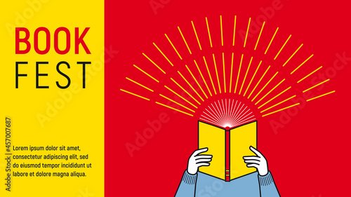 Banner for book festival. Open book as flashlight. Vector minimalist background. Design template for a library, education theme. Concept of striving for success. A person is reading a book.