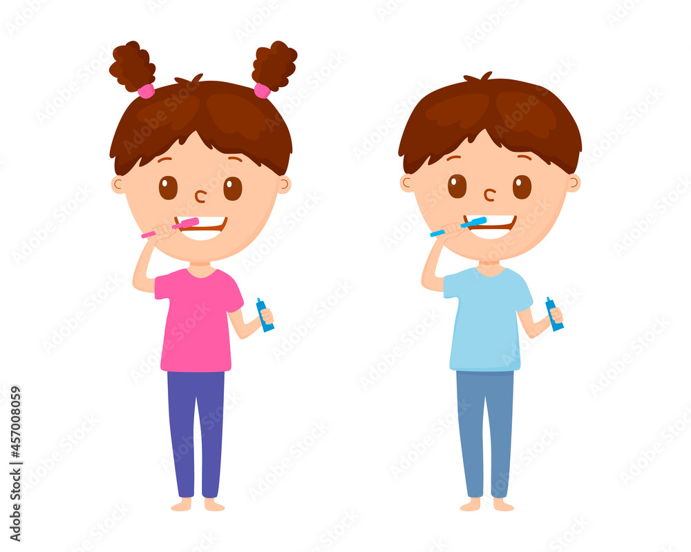 Boy and girl brushing their teeth with toothbrush. Cartoon style. Vector.