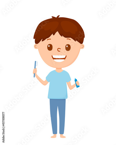 boy brushing her teeth with toothbrush. Cartoon style. Vector illustration