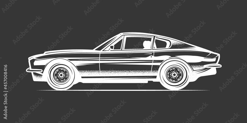 Original monochrome vector illustration of an American vintage retro car in a white outline.