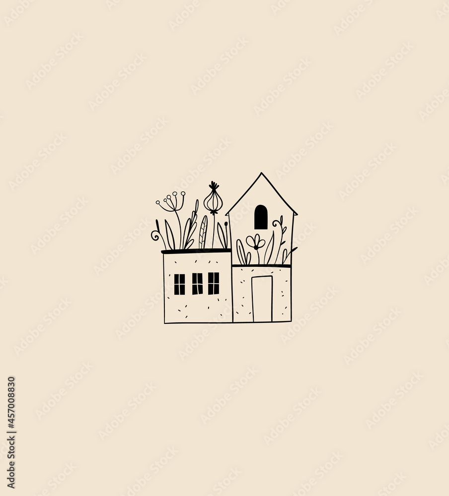 Linear cozy house vector emblem, home logo design template. Tiny country house, cottage with plants
