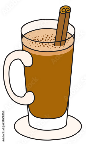 Hot buttered rum cocktail. Stylish hand-drawn doodle cartoon hipster style Christmas winter or autumn warm drink in a Irish Coffee mug garnished with a stick of cinnamon