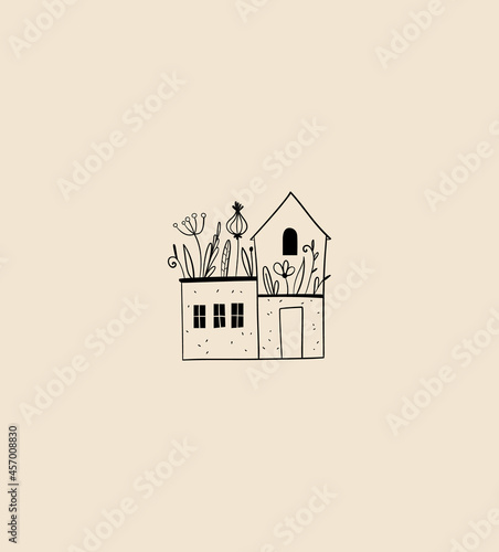 Linear cozy house vector emblem, home logo design template. Tiny country house, cottage with plants