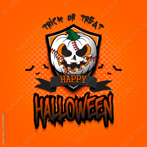 Happy Halloween. Template baseball design. Logo baseball ball in the form of a pumpkin on an isolated background. Pattern for banner, poster, greeting card, invitation. Vector illustration