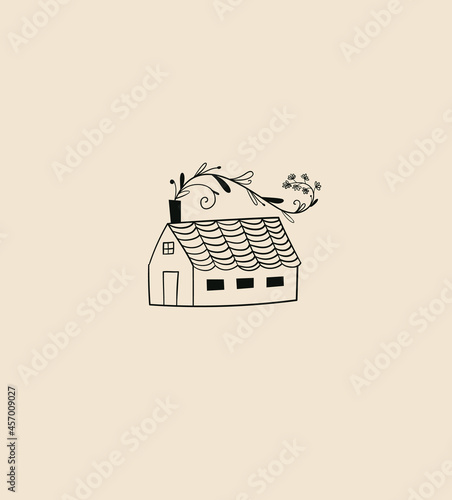 Vector emblem of linear cozy house, home logo design template. Tiny house with plants - symbol in scandinavian and minimalist style.
