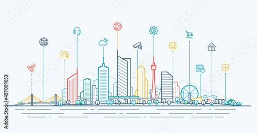 Smart city connection concept. Futuristic tech landscape whith integrated thin line icons. Outline future city panorama. Abstract vector town. Urban skyline with skyscrapers, office and home buildings