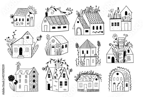 Vector emblems set with linear cozy houses  home logo design templates. Doodle style city bildings icon set.