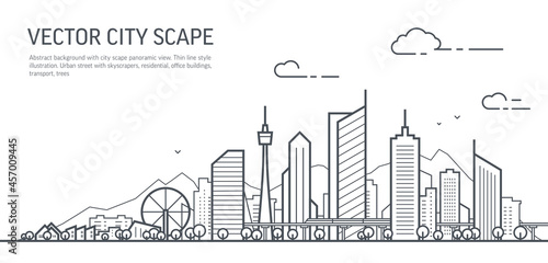 Futuristic cityscape thin line art illustration. Outline future city panorama. Abstract town landscape. Urban skyline with downtown skyscrapers, office buildings, park. Modern architectural exterior