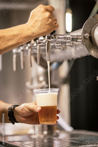Hand of bartender pouring a pilsen chopp in tap photo
