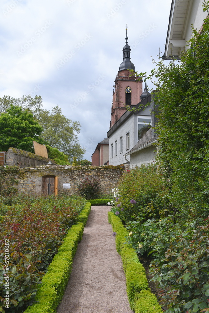 Rosengarten der Burg mit Pfarrkirche St. Peter und Paul im Hintergrund