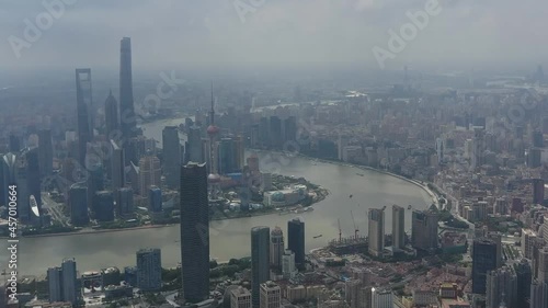 Oriental Pearl Tower and Shanghai World Financial Center (SWFC) Jin Mao Tower with shanghai skyline. (aerial photography) photo