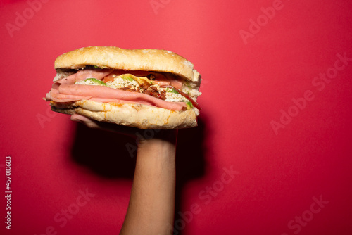 a hand holds a barda cake, mexican cake, mexican food, mexican sandwich with chiruzo, ham, avocado, white cheese, ceboola, tomato on a french bread, bolillo bread with a red background, Tampico dish photo