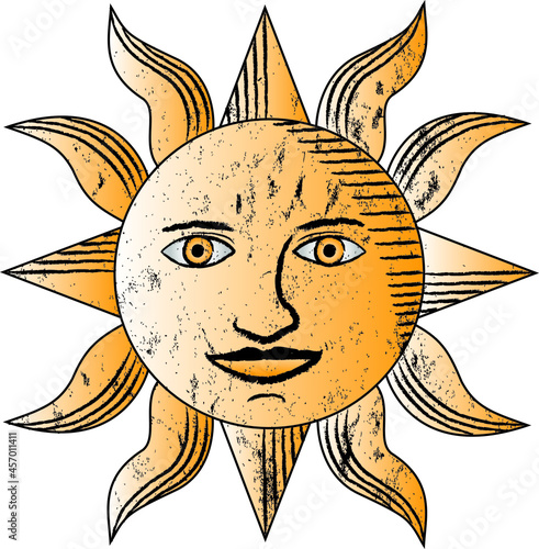 Beautiful vintage style sun with expressive face and curvy rays of light decorated with antique texture resembling an old nautical map drawing or sketch
