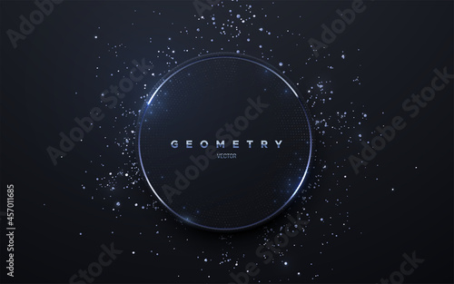 Abstract black circle shape with silver glowing frame and glitters