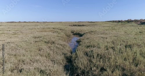 Aerial view of Ria Formosa wetlands nature conservation park, at Fuseta fishing town,  Algarve. Portugal.