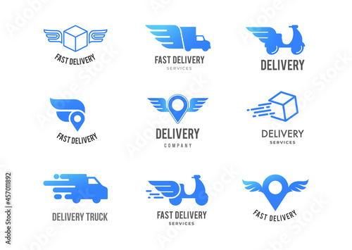 Blue delivery logos collection, set of emblems, symbols and icons. Fast delivery concept design