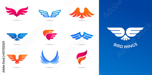 Collection of wings logos, icons and symbols. Fast delivery, motion and speed concept.