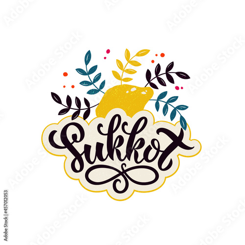 Happy Sukkot handwritten text for Jewish traditional holiday. Modern brush calligraphy, template for postcard, label, poster, emblem, logo. Vector colorful illustration of etrog (lemon) and leaves