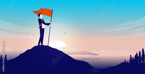 Businessman with flag on mountaintop - Person raising flag outdoors with sunrise and epic landscape. On top of business concept. Vector illustration © Knut