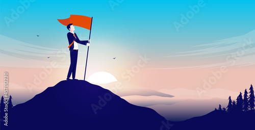 Businessman with flag on mountaintop - Person raising flag outdoors with sunrise and epic landscape. On top of business concept. Vector illustration