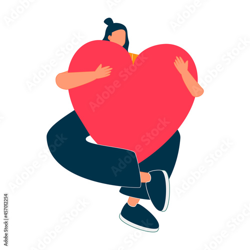 Young woman embraces a big red heart with mindfulness and love. Smiling female character sits in lotos pose with closed eyes and enjoys her freedom and life. Body positive and mental health concept.