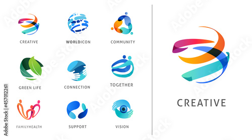 Logo set, creative, technology, biotechnology, tech icons concept design. Colorful abstract logos of creativity, community, ideas and support 