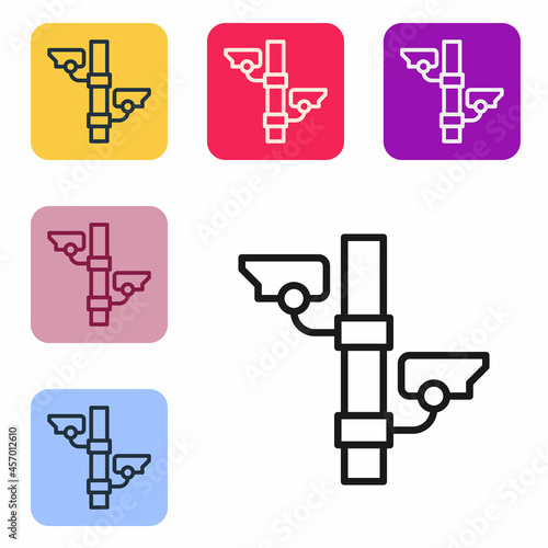 Black line Security camera icon isolated on white background. Set icons in color square buttons. Vector