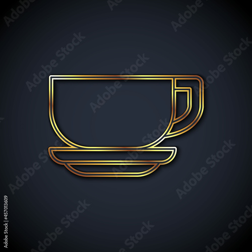 Gold line Coffee cup icon isolated on black background. Tea cup. Hot drink coffee. Vector