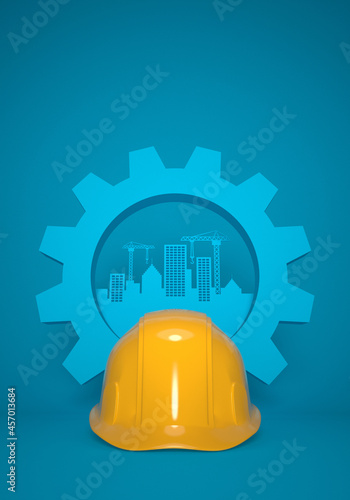 Fototapet Protective helmet and a symbolic gear on a blue urban silhouette background