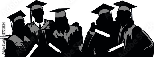 Group of students in robes who hold diploma in hands.Vector silhouettes of graduates students.