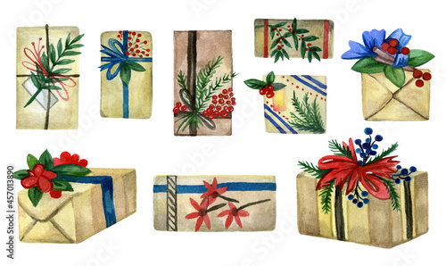 Collection of hand drawn Christmas boxes wrapped in paper and decorated with branches and ribbons. Watercolor vector illustration 