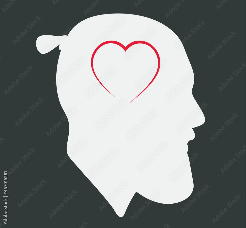 Portrait. Silhouette of a male head. Icon. Stylish guy. Flat illustration of face. Head icon with a heart inside. Silhouette of a guy. Man avatar. Linear avatar. Love in the head Portrait. Silhouette of a male head. Icon. Stylish guy. Flat illustration of face. Head icon with a heart inside. Silhouette of a guy. Man avatar. Linear avatar. Love in the head