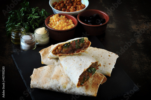 Vegan shawarma with corn, mushrooms and herbs. Healthy food. photo