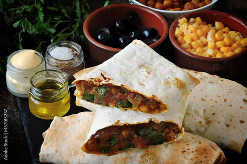 Vegan shawarma with corn, mushrooms and herbs. Healthy food. photo