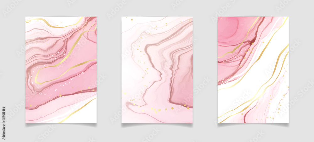 Abstract blush pink liquid watercolor background with golden glitter stains and lines. Rose marble alcohol ink drawing effect with gold foil. Vector illustration template for wedding invitation