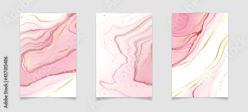Abstract blush pink liquid watercolor background with golden glitter stains and lines. Rose marble alcohol ink drawing effect with gold foil. Vector illustration template for wedding invitation