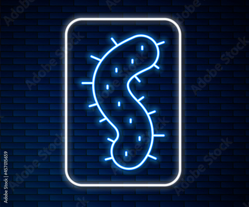 Glowing neon line Virus icon isolated on brick wall background. Corona virus 2019-nCoV. Bacteria and germs, cell cancer, microbe, fungi. Vector