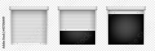 Set of roller shutter gate. Open and closed roller shutter doors. Metal industrial shutter doors for security decoration design