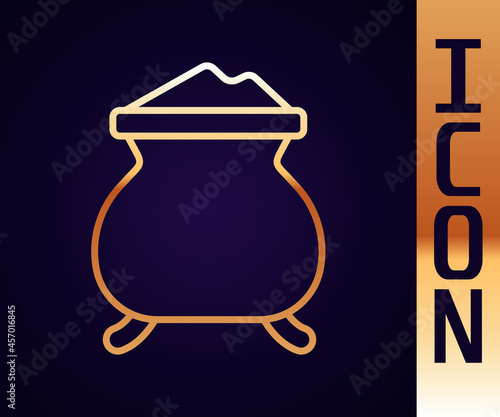 Gold line Molten gold being poured icon isolated on black background. Molten metal poured from ladle. Vector