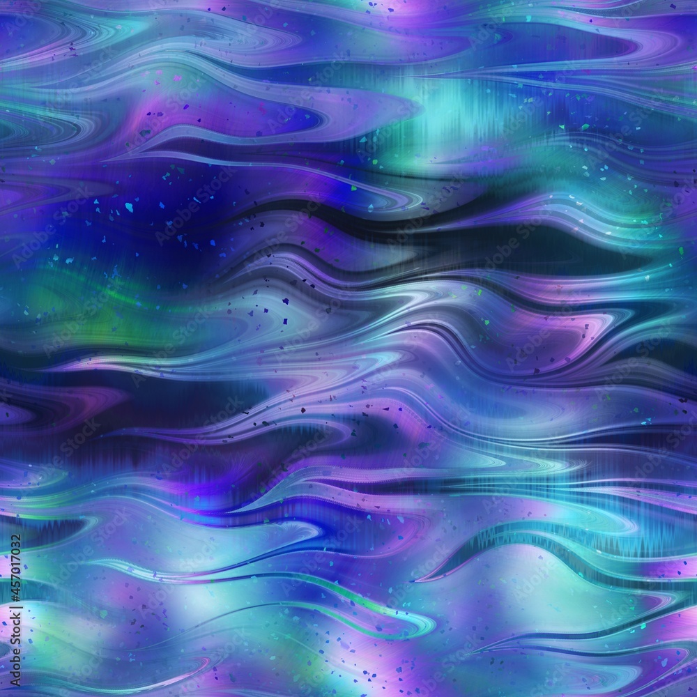 Fototapeta premium Seamless iridescent rainbow light pattern for print. High quality illustration. Swirly mix of pastel colors resembling holographic foil. Fantasy spectrum mermaid fantastical pattern for print.