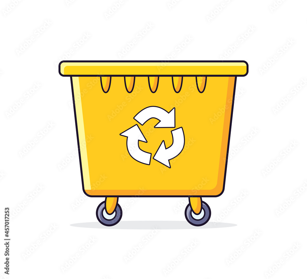 Yellow recycling garbage dumpster can isolated, wheelie trash bin