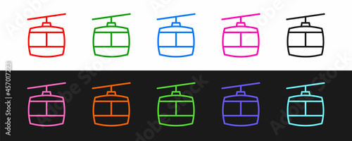 Set line Cable car icon isolated on black and white background. Funicular sign. Vector